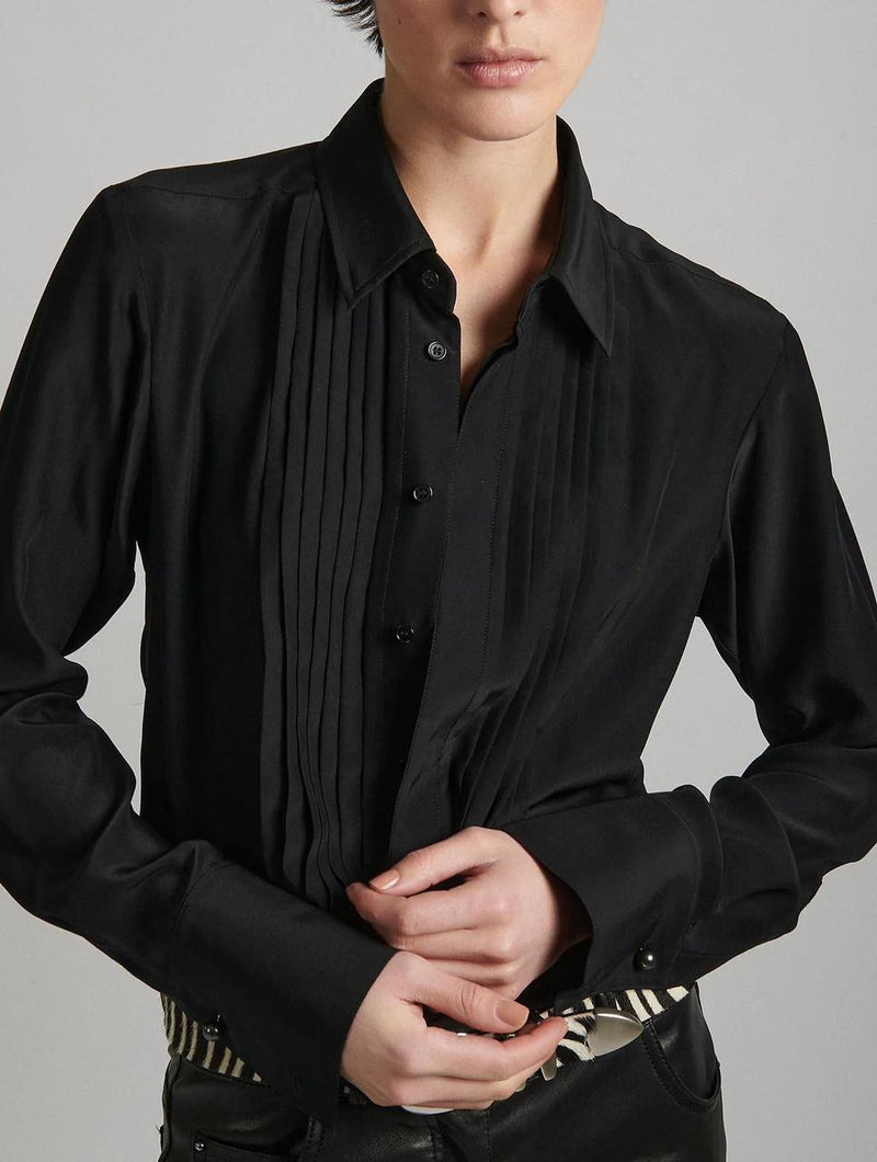 Chemise a plastron en crêpe de soie noire