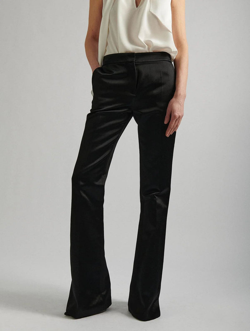 Pantalon de costume en satin noir, coupe bootleg